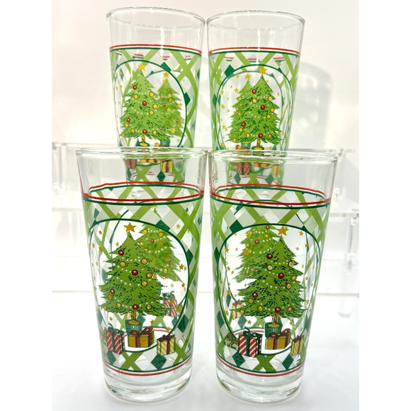 Vtg KIG Indonesia Glass Tumblers Christmas Tree Gifts & Lattice Design Set Of 4 - Picture 3 of 8